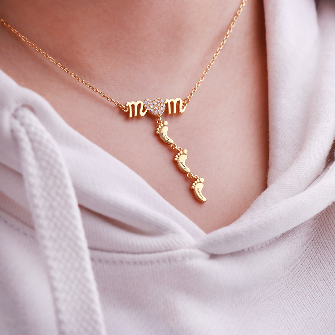 Personalized Heart Diamond Mom Necklace with Baby Feet
