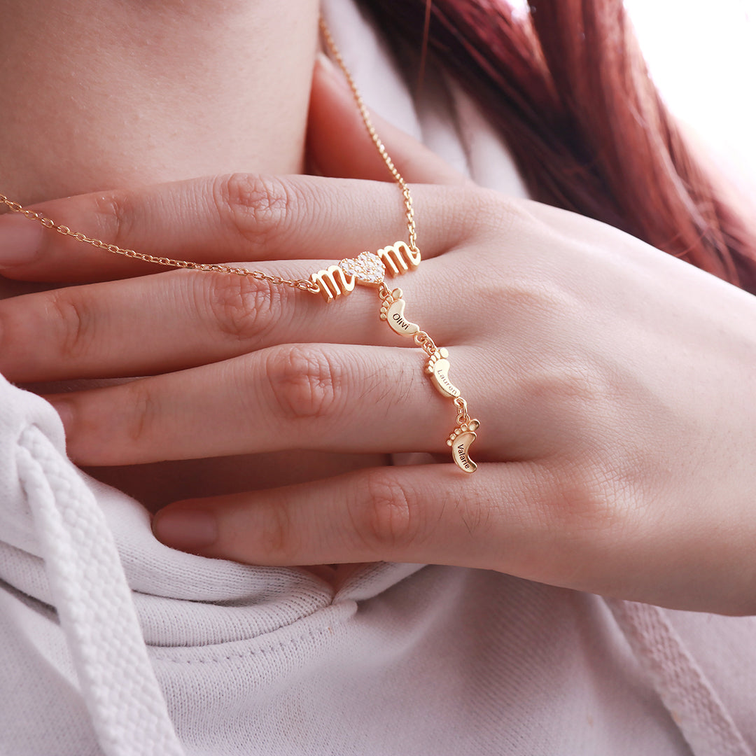 Personalized Heart Diamond Mom Necklace with Baby Feet