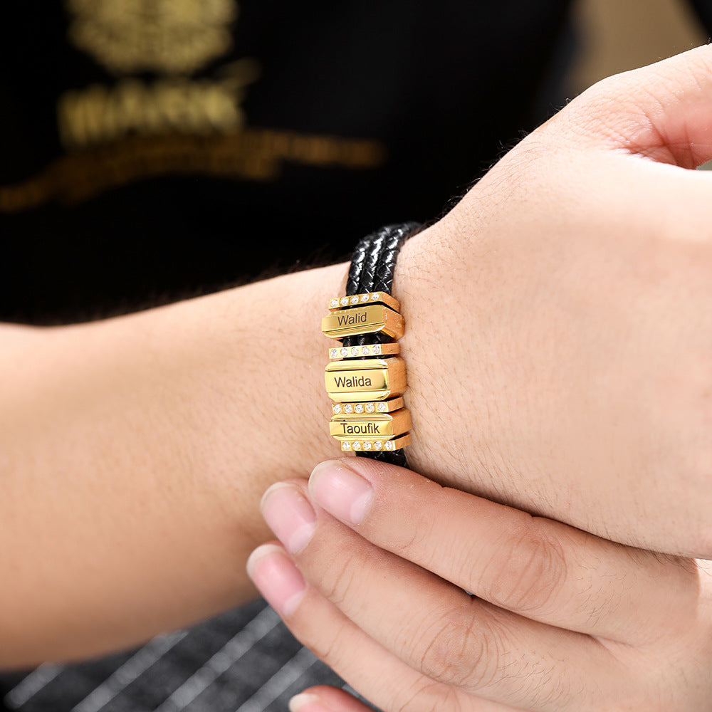 Men Braided Leather Bracelet with Diamond Custom Beads