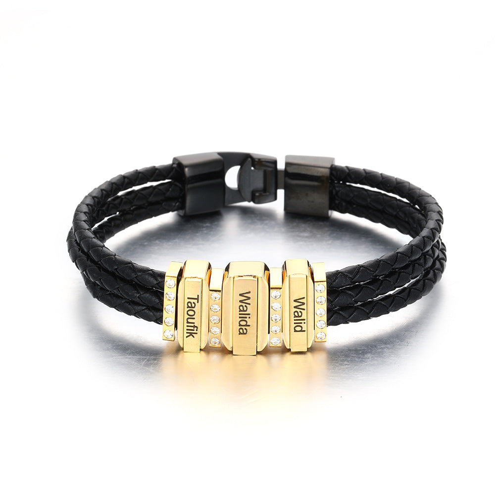 Men Braided Leather Bracelet with Diamond Custom Beads