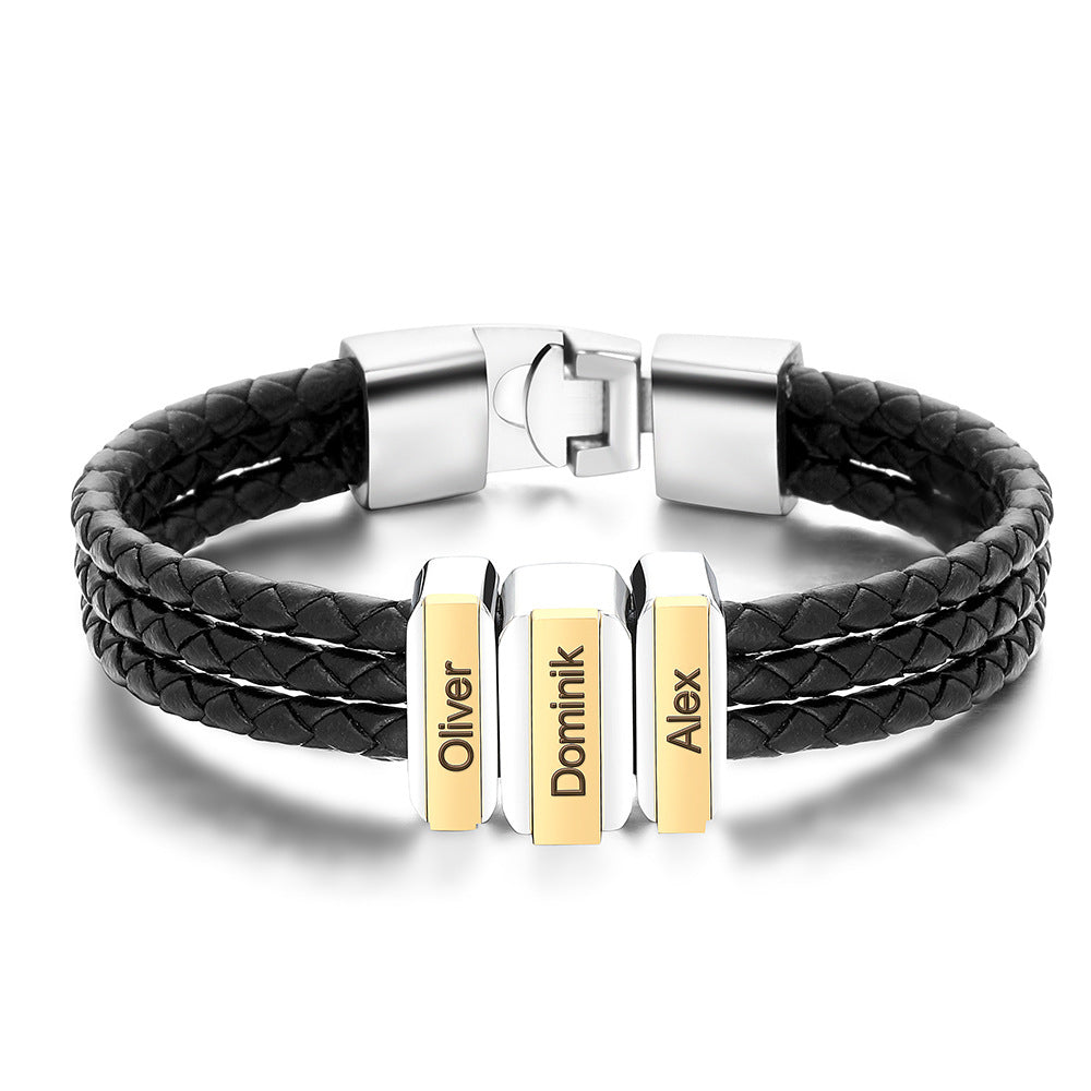 Men Braided Leather Bracelet with Diamond Custom Beads