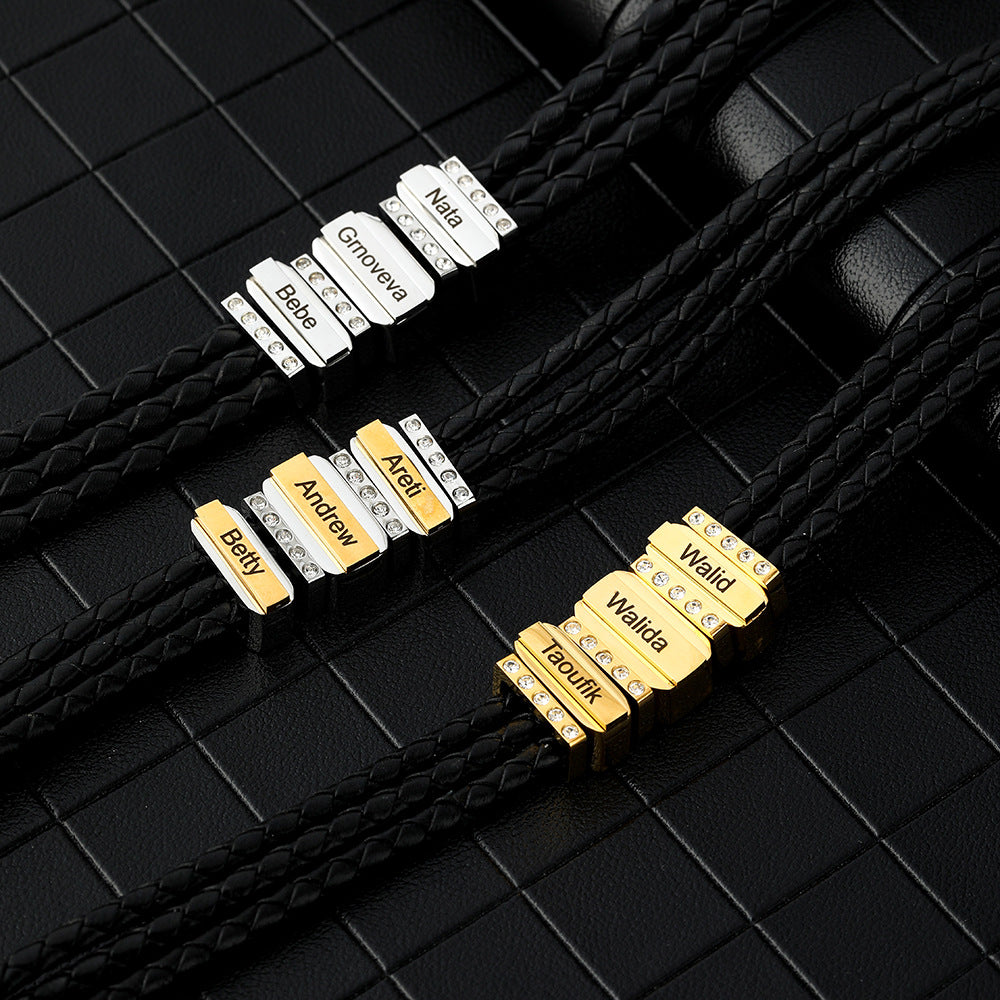 Men Braided Leather Bracelet with Diamond Custom Beads