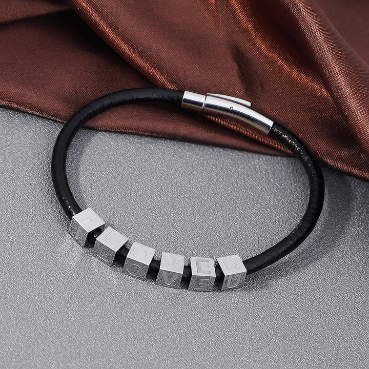 Father's Day Gift Men's Personalized Leather Bracelet With Cube Initials Beads