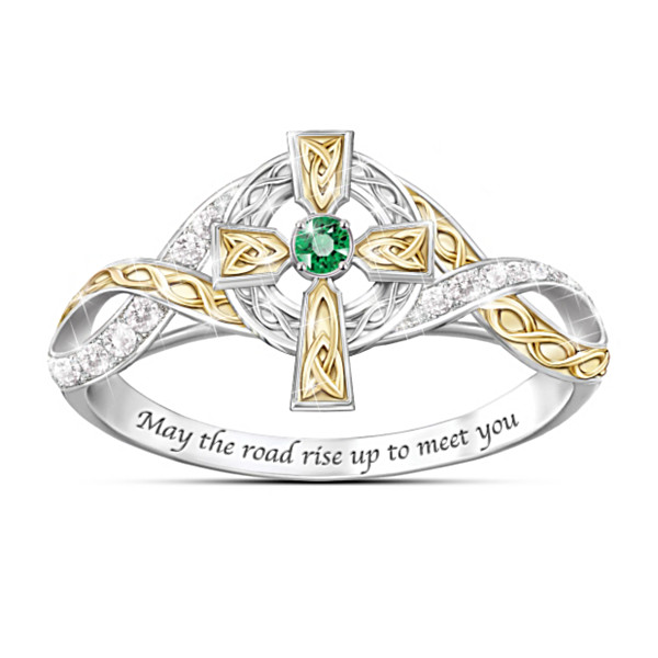 "Irish Blessing" Emerald And Diamond Celtic Cross Ring