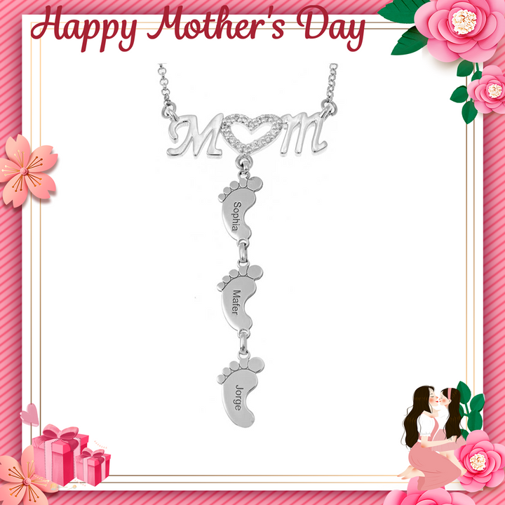 Mother's Day Gift Personalised Heart Crystal Mom Necklace With Baby Feet
