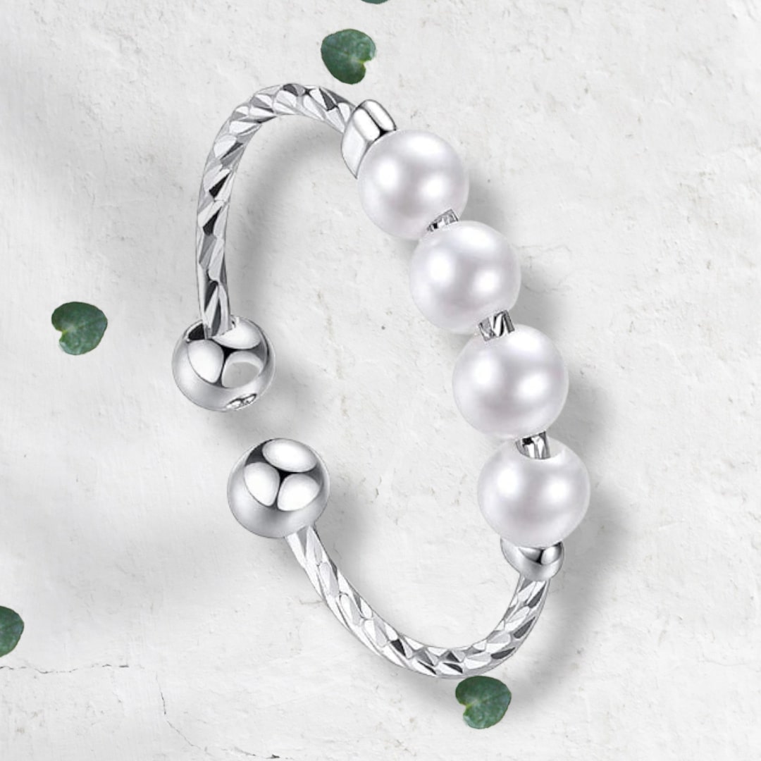 Pearl 925 Sterling Silver Anxiety Ring - Adjustable Ring - Prevent Nail Biting