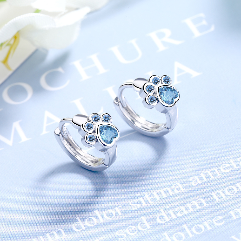 925 Sterling Silver Adorable Blue Diamond Paw Print Earrings