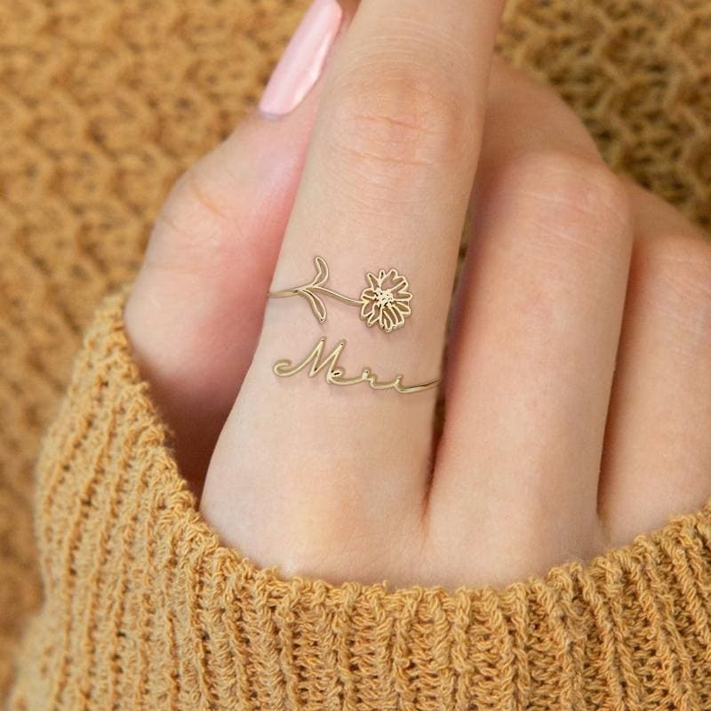 Dainty Name Rings With Birth Flower