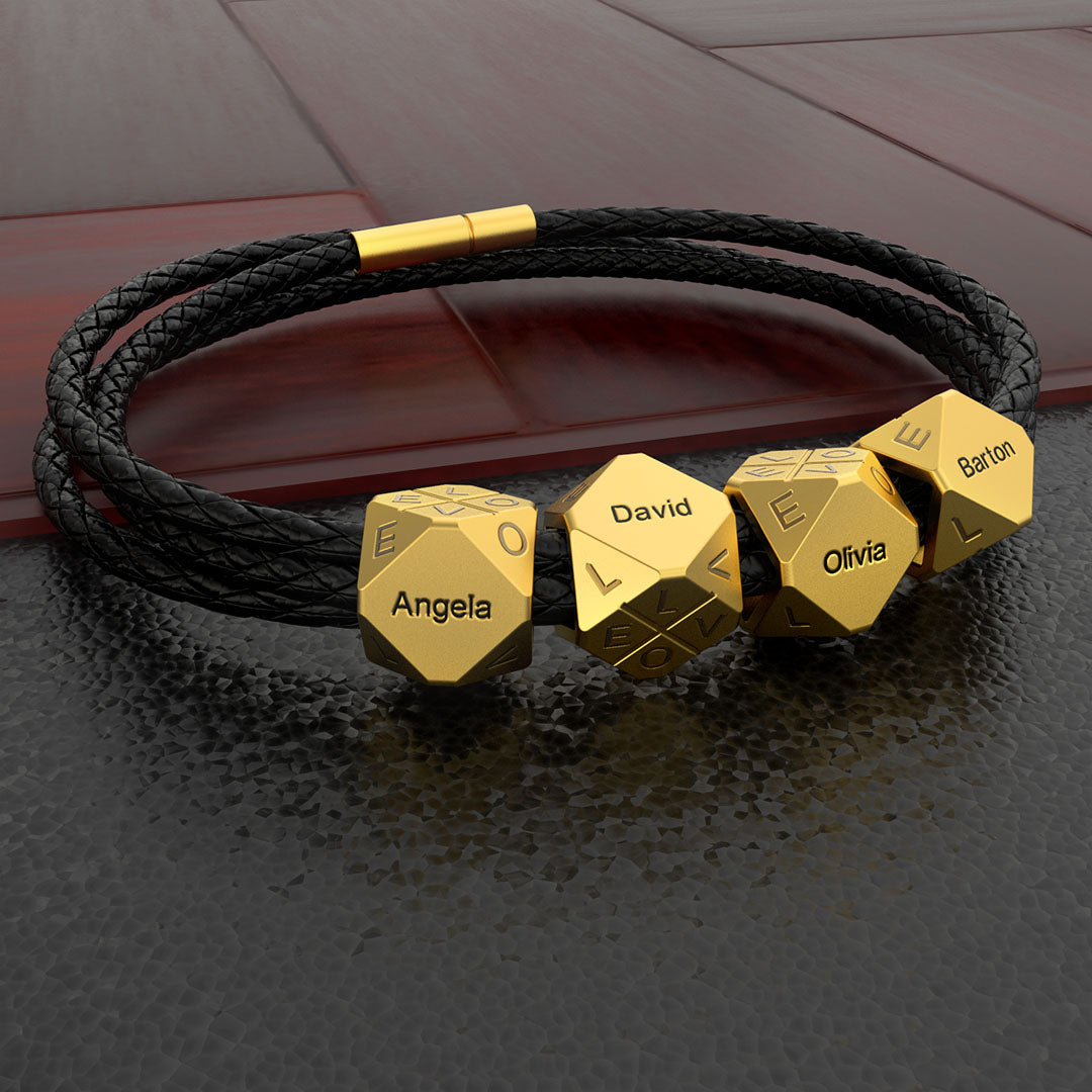 Father's Day Gift Men's Braided Leather Bracelet With Polyhedral Custom Beads
