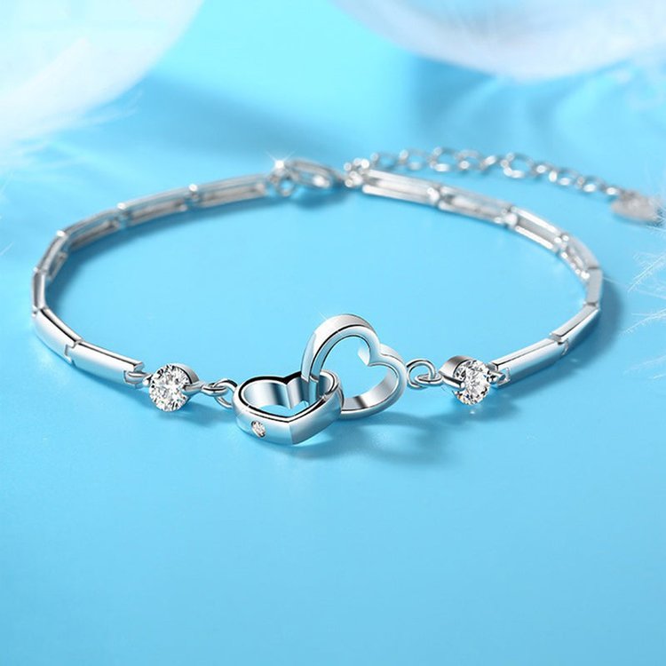 For Mother/Daughter - S925 Mother & Daughter Forever Linked Together Crystal Heart To Heart Bracelet