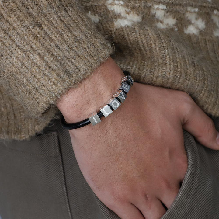 Father's Day Gift Men's Personalized Leather Bracelet With Cube Initials Beads