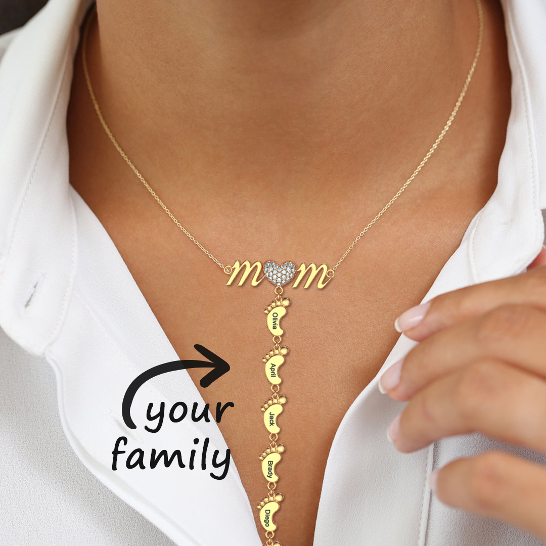 Personalized Heart Diamond Mom Necklace with Baby Feet