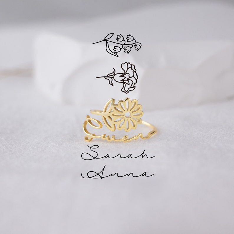 Dainty Name Rings With Birth Flower