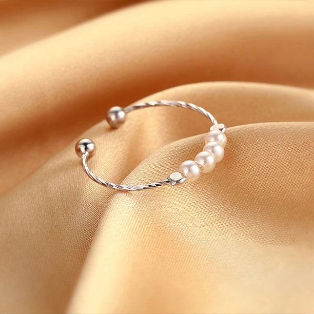 Pearl 925 Sterling Silver Anxiety Ring - Adjustable Ring - Prevent Nail Biting