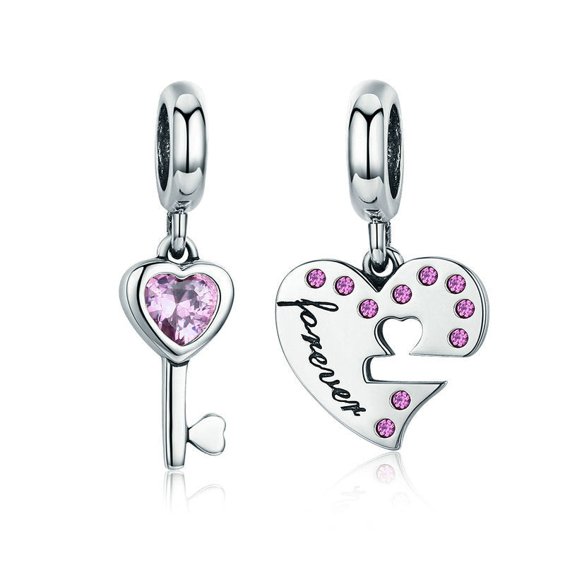 Pink Lock Key of Heart Silver Pendant Charm