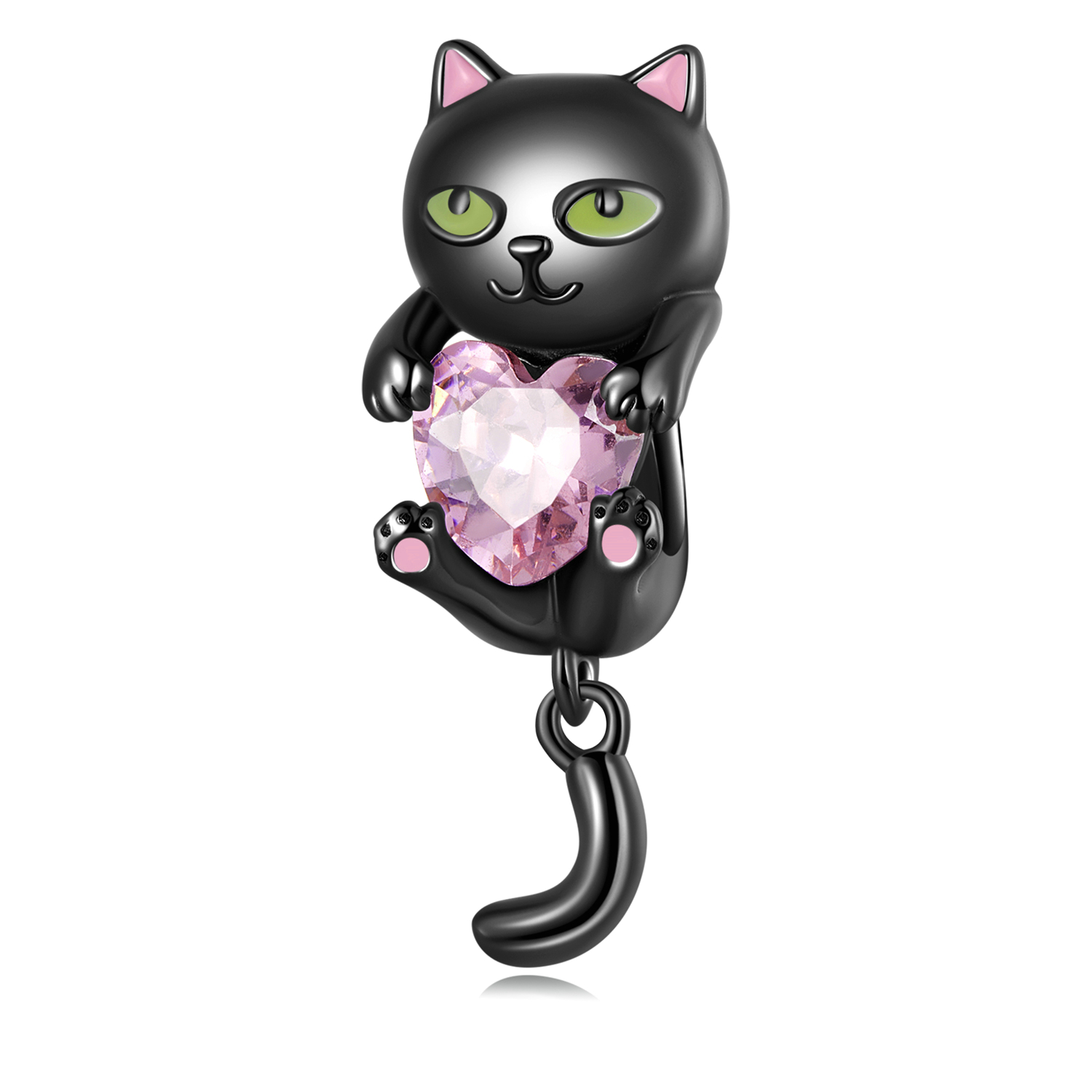 Black Cat Embraces Heart Gemstone Sterling Silver Charm Bead