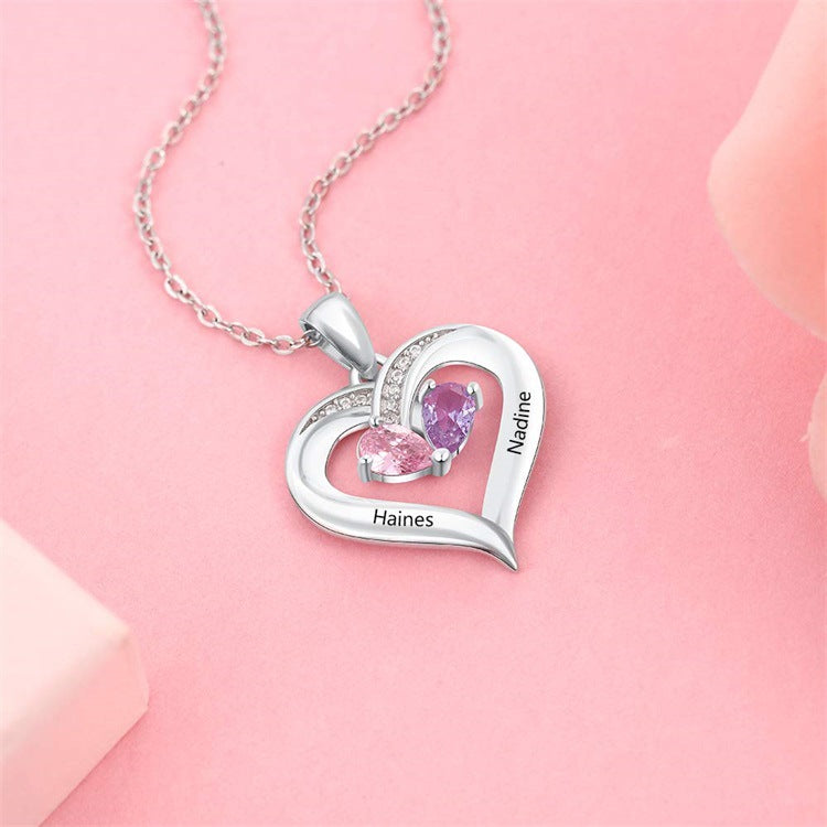 Hollow Heart Custom Name Sterling Silver Necklace With Birthstone