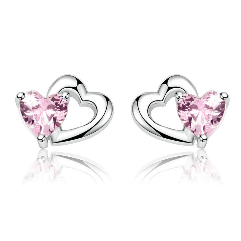 Pink Stone Sterling Silver Heart Stud Earrings