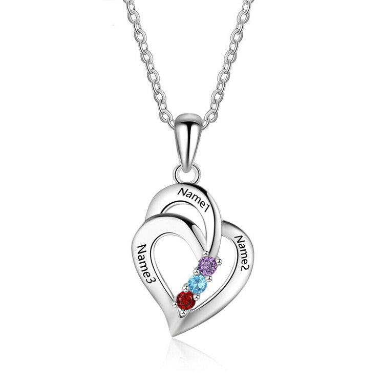 Personalized Custom 3 Name Silver Heart Necklace With Birthstone