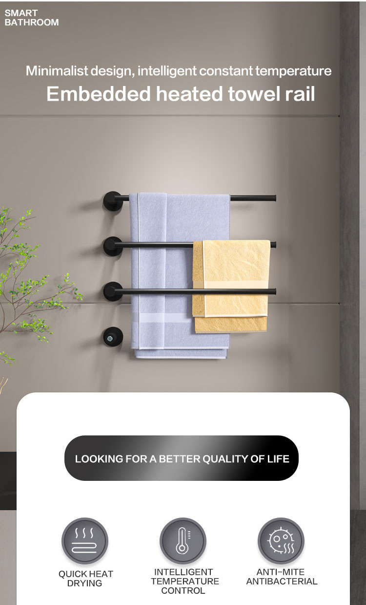 Round tube single bar electric towel rail 304 stainless steel - front view