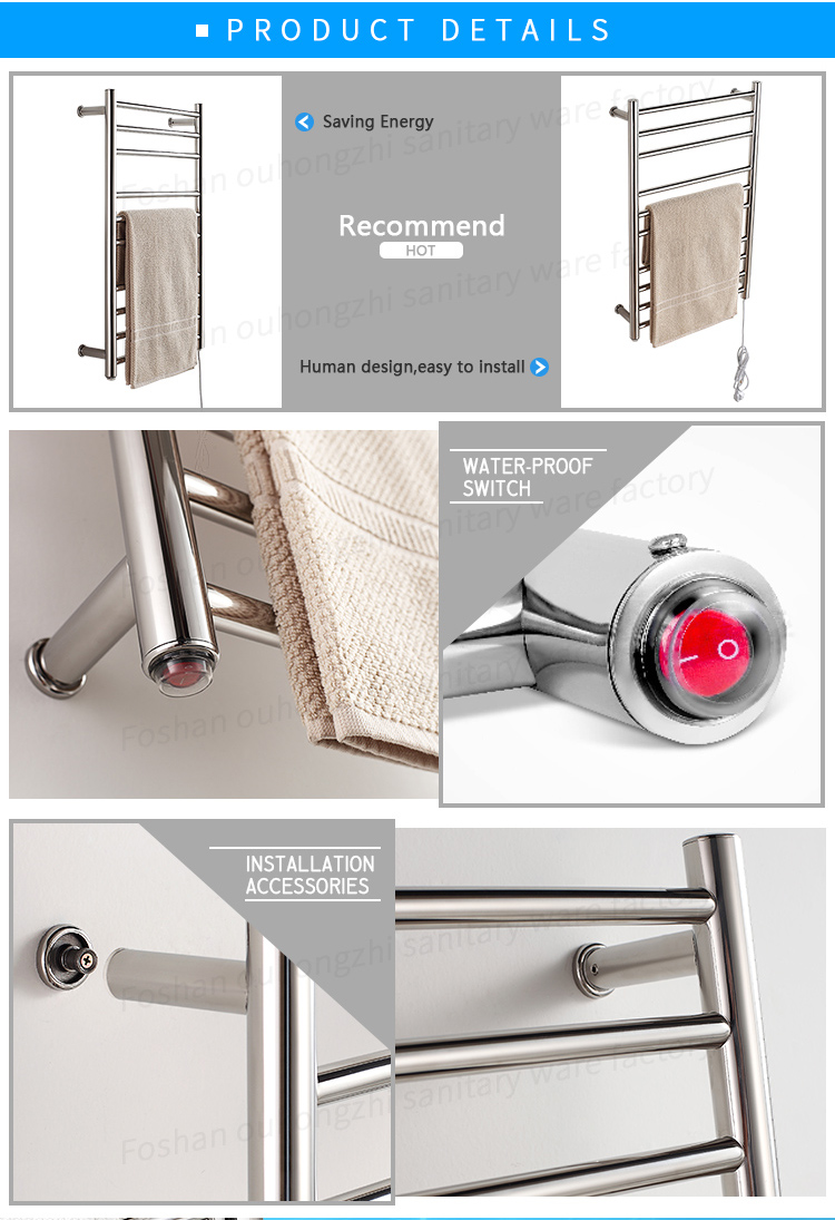 Heated towel bar mounting and finish close-up