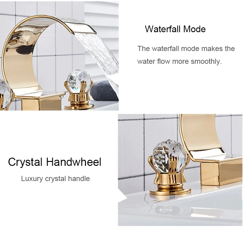 Gold bathtub faucet set with crystal handles &mdash; angle view