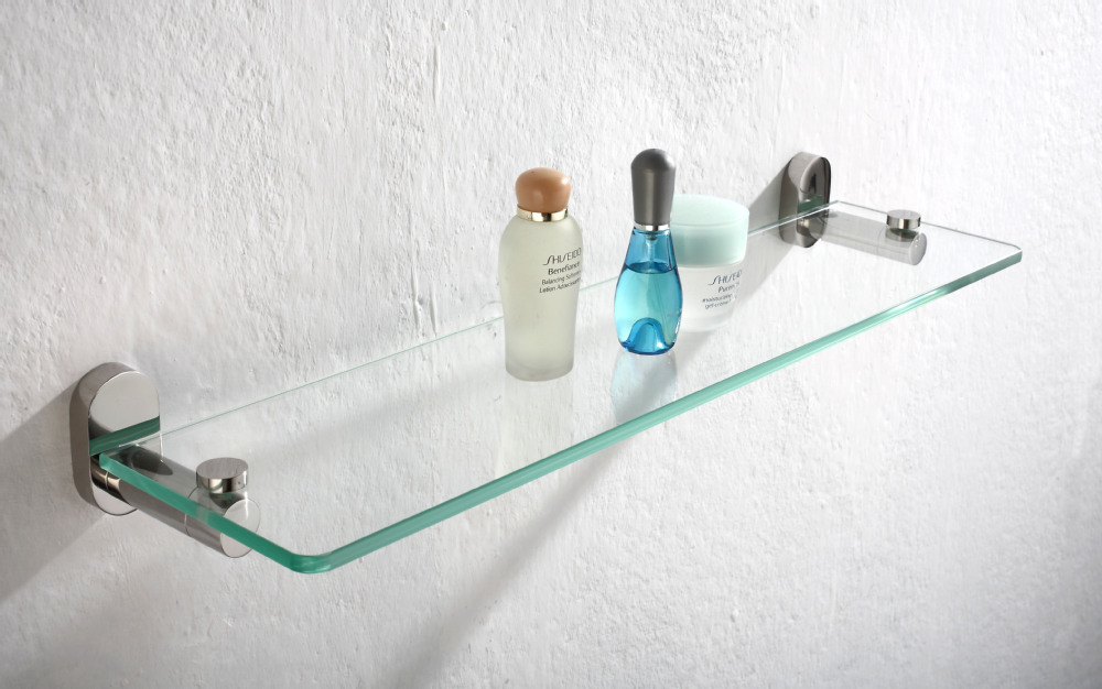 Close-up of glass shelf and metal bracket