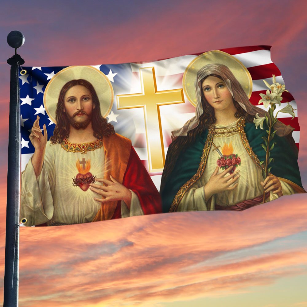 Jesus And Mary Grommet Flag Two Loving Hearts
