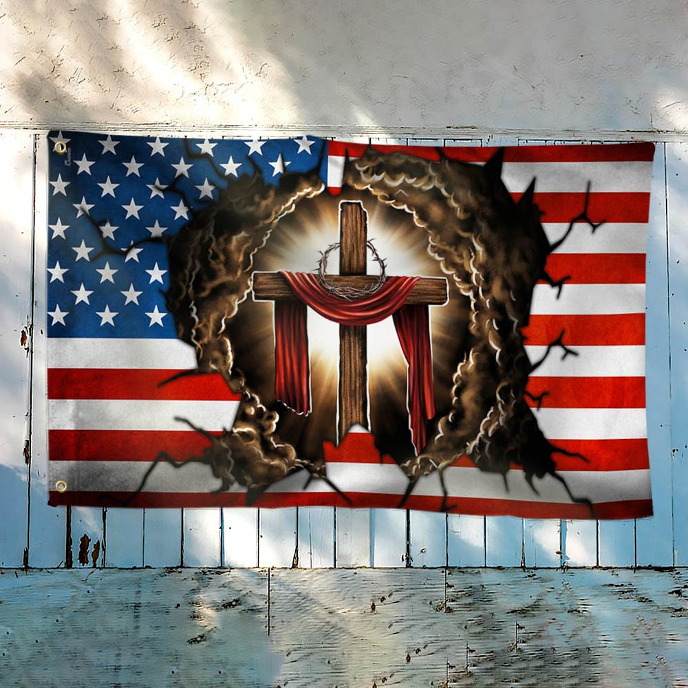 One Nation Under God. Christian Cross American Flag THH3644GFCT