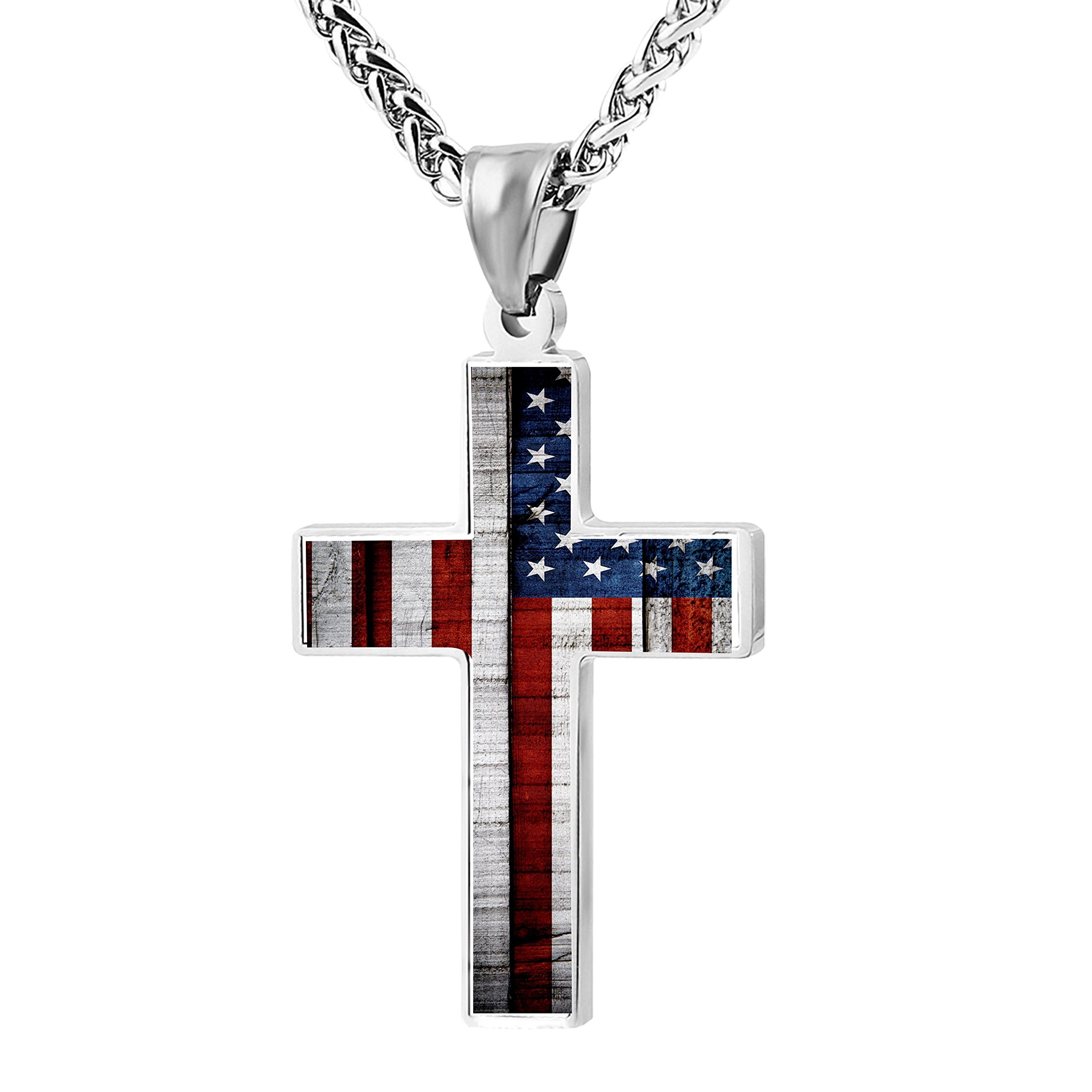 American Flag Patriotic Cross Pendant Necklace Religious Jewelry