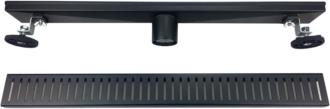 Neodrain Black Linear Shower Drain with Capsule Pattern Grate Cover, 304 Stainless Steel Rectangle Shower Floor Drain, with leveling feet & strainer (Shiny Black)