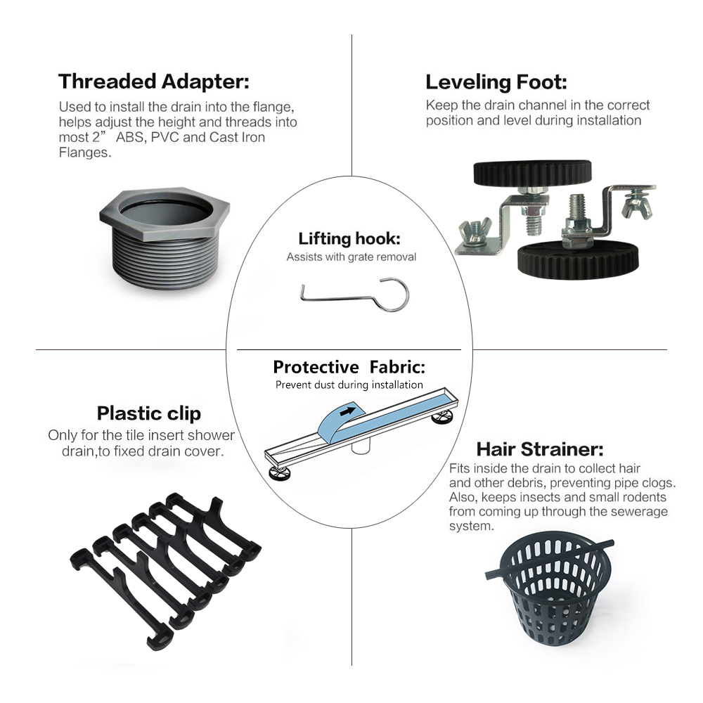 Neodrain Black Tile-insert Linear Drain with 2-in-1 Grate Cover, 304 Stainless Steel Rectangle Shower Floor Drain, CUPC Certified(Shiny Black)