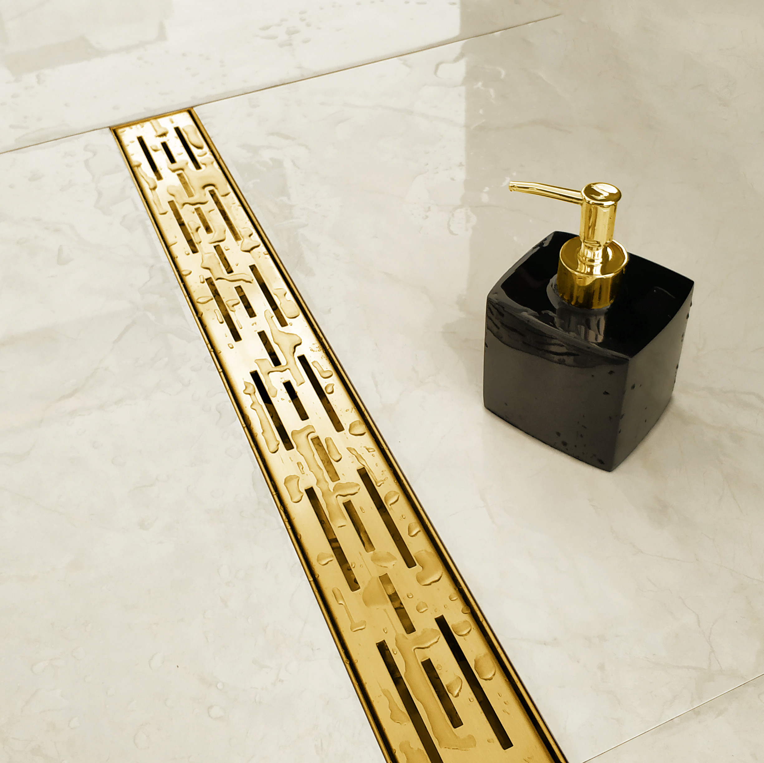 Neodrain Golden Linear Shower Drain with Removable Brick Pattern Grate, 304 Stainless Steel Rectangle Shower Floor Drain, CUPC Certified（Brushed Golden）