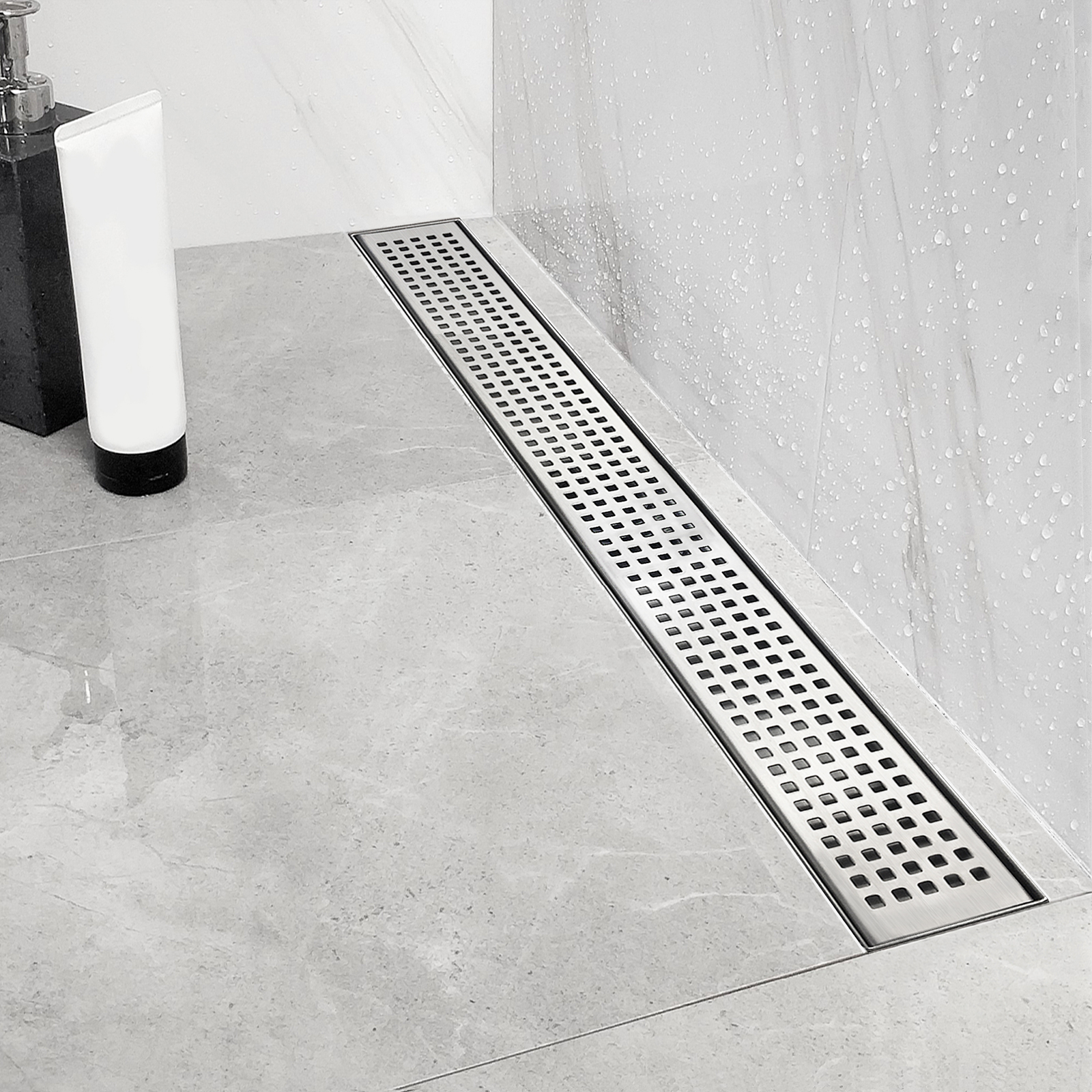 Neodrain Linear Shower Drain with Removable Quadrato Pattern Grate, Brushed 304 Stainless Steel Rectangle Shower Floor Drain, with Leveling Feet,Hair Strainer