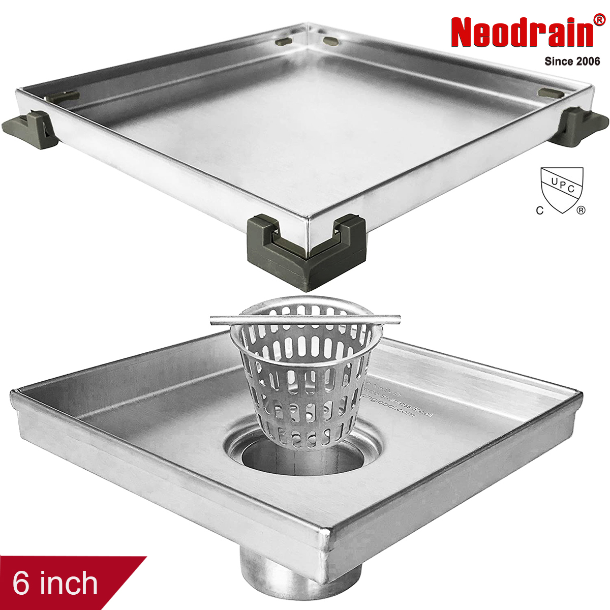 Neodrain Square  Shower floor Drain, with Tile-insert Pattern Grate Cover, 304 stainless steel Bathroom Shower drain(Brushed Nickel)
