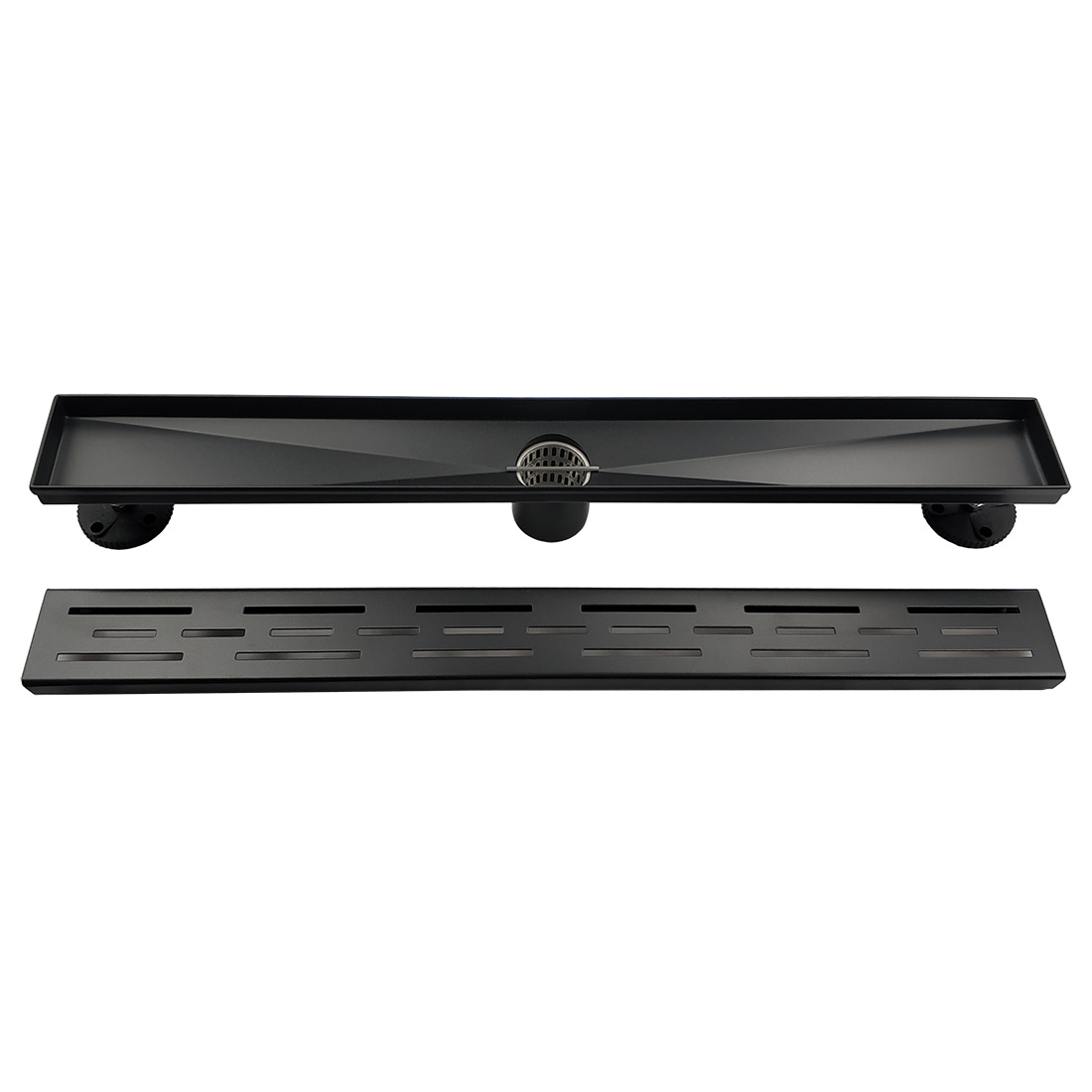 Neodrain Black Linear Shower Drain with Brick Pattern Grate Cover, 304 Stainless Steel Rectangle Shower Floor Drain, with leveling feet & strainer (Shiny Black)