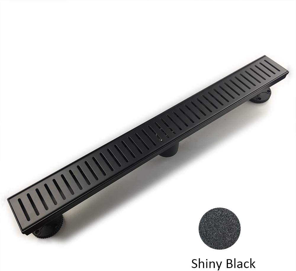 Neodrain Black Linear Shower Drain with Capsule Pattern Grate Cover, 304 Stainless Steel Rectangle Shower Floor Drain, with leveling feet & strainer (Shiny Black)