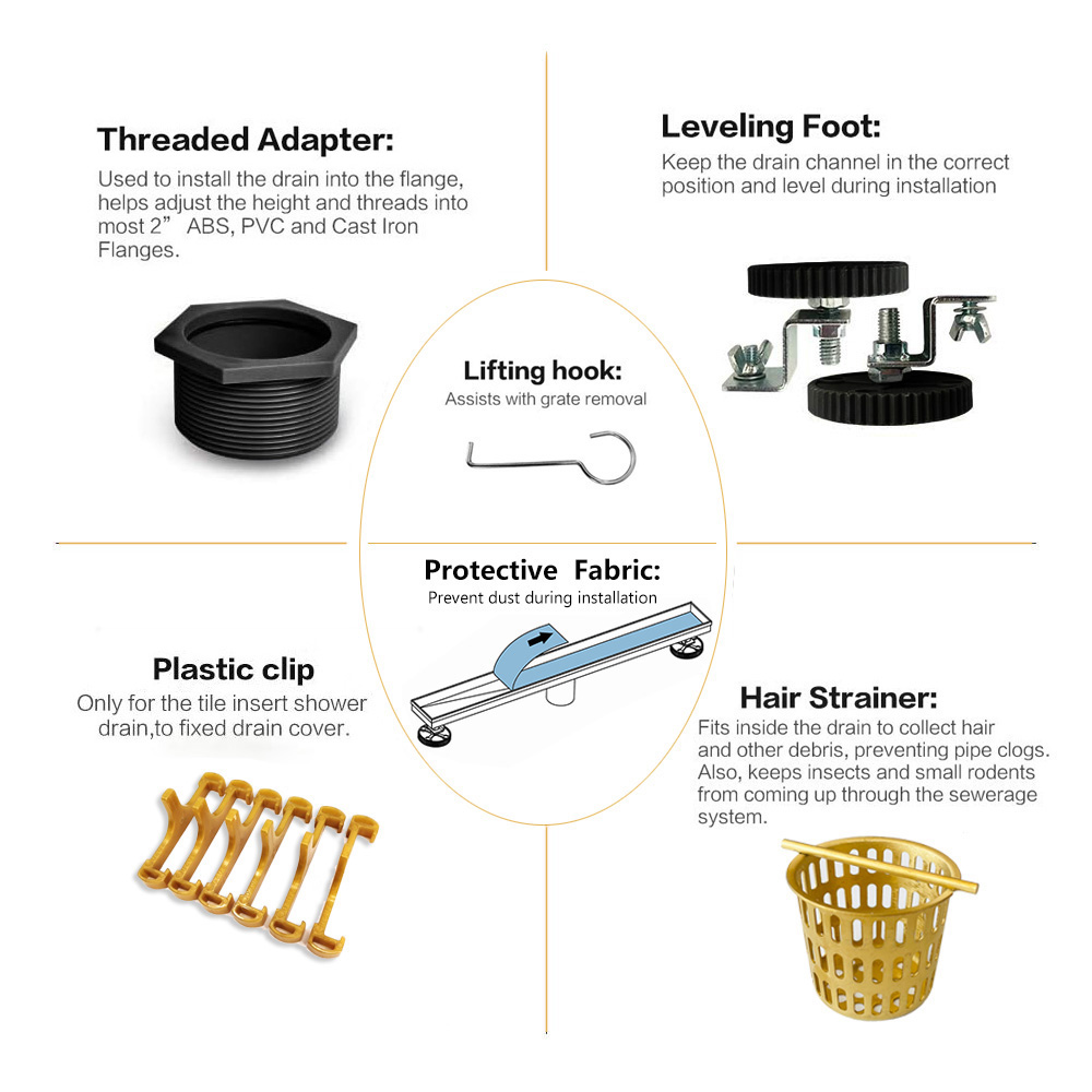 Neodrain Golden Tile-insert Linear Drain with 2-in-1 Grate Cover, 304 Stainless Steel Rectangle Shower Floor Drain, CUPC Certified(Brushed Golden)