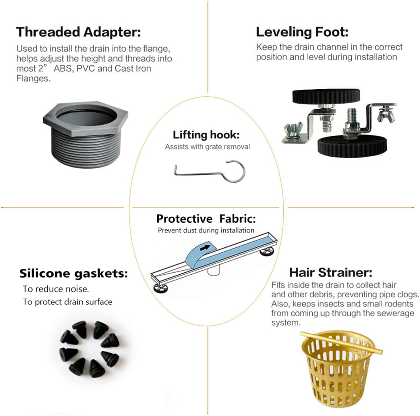 Neodrain Golden Linear Shower Drain with Removable Brick Pattern Grate, 304 Stainless Steel Rectangle Shower Floor Drain, CUPC Certified（Brushed Golden）