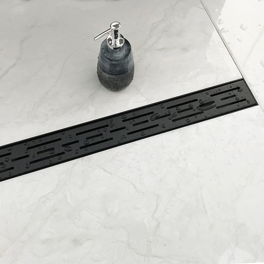 Neodrain Black Linear Shower Drain with Brick Pattern Grate Cover, 304 Stainless Steel Rectangle Shower Floor Drain, with leveling feet & strainer (Shiny Black)