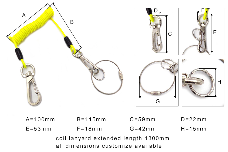 High quality yellow safety Steel Wire Tool spring coil Lanyard With Swivel Hook
