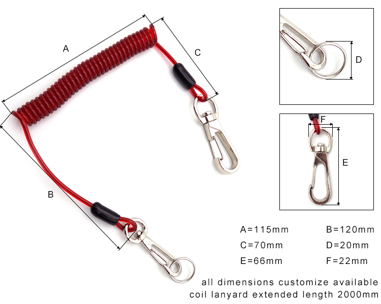 Transparency Red Plastic Safety Tool Coiled Cord Lanyards With 2 clips for safety