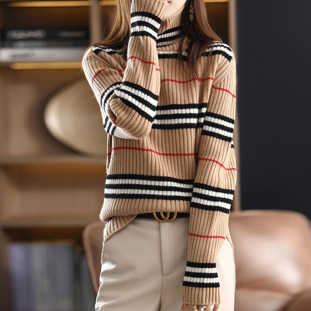 Women Neutral Red And Black Striped Plaid Sweater