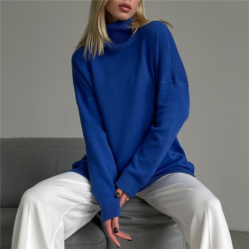 Women Solid Color Slit Turtleneck Sweater Blue