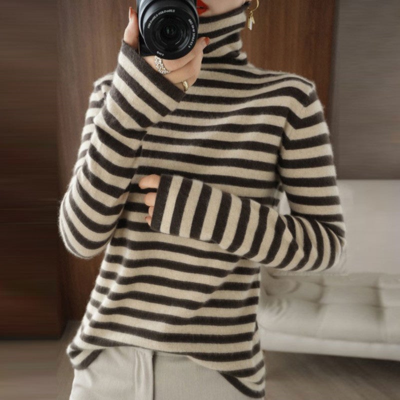 Neutral And Coffee Horizontal Striped Turtleneck Sweater