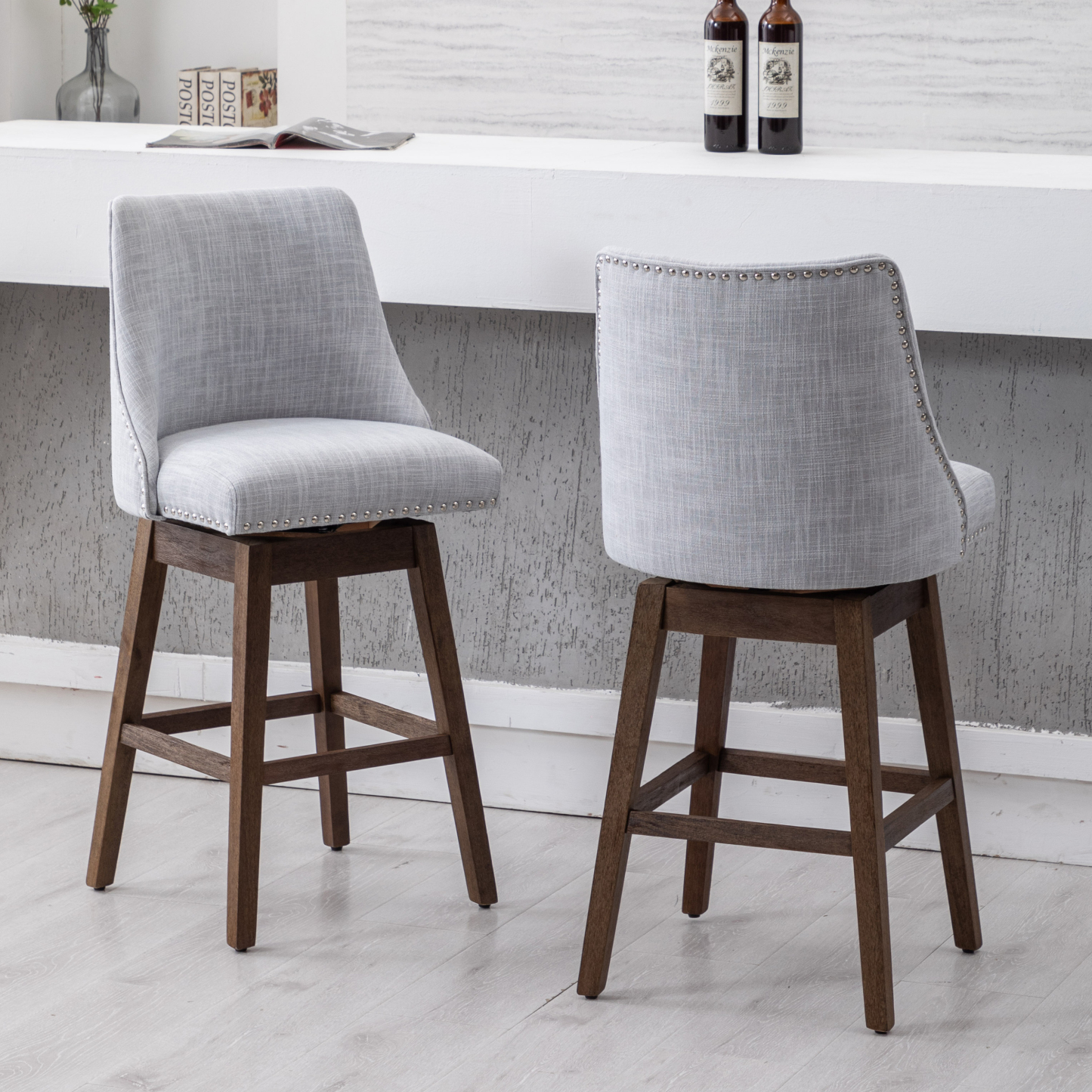 Branxton 27" Linen Counter Bar Stool (Set of 2)-Daya Lane-Modern,DR,Wood,Dark Wood,Dining Chairs,Stools & Bar Stools,Fabric,button tufted,CS,nails,farmhouse