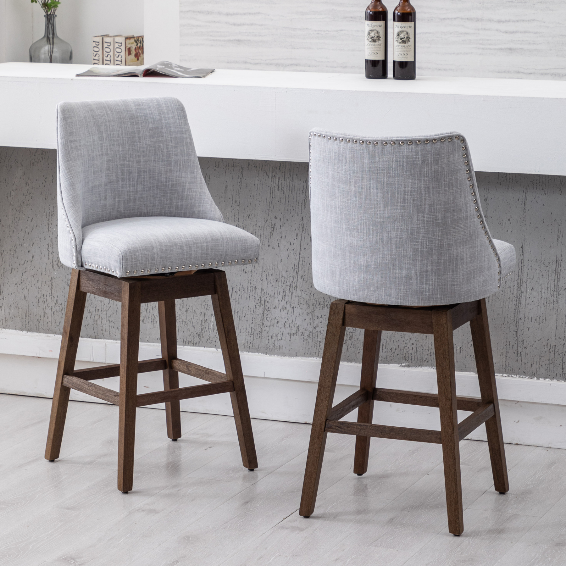 Branxton 27" Linen Counter Bar Stool (Set of 2)-Daya Lane-Modern,DR,Wood,Dark Wood,Dining Chairs,Stools & Bar Stools,Fabric,button tufted,CS,nails,farmhouse