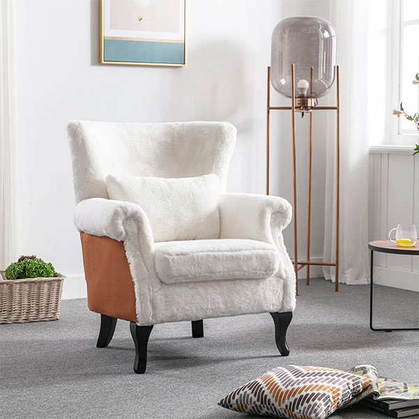 Mid-Century Modern Accent Chair Comfy Wool Single Sofa Chair Wingback Armchair with Pillow for Club, Living Room, Bedroom - Fur, White-Daya Lane