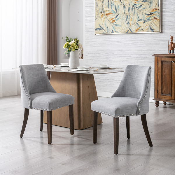 Eloise Linen Dining Chairs (Set of 2)-Daya Lane-farmhouse,DR,mid century modern,Dining Chairs,Dark Wood,Wood,Fabric,button tufted,nails,DC