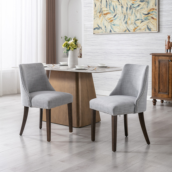 Eloise Linen Dining Chairs (Set of 2)-Daya Lane-farmhouse,DR,mid century modern,Dining Chairs,Dark Wood,Wood,Fabric,button tufted,nails,DC